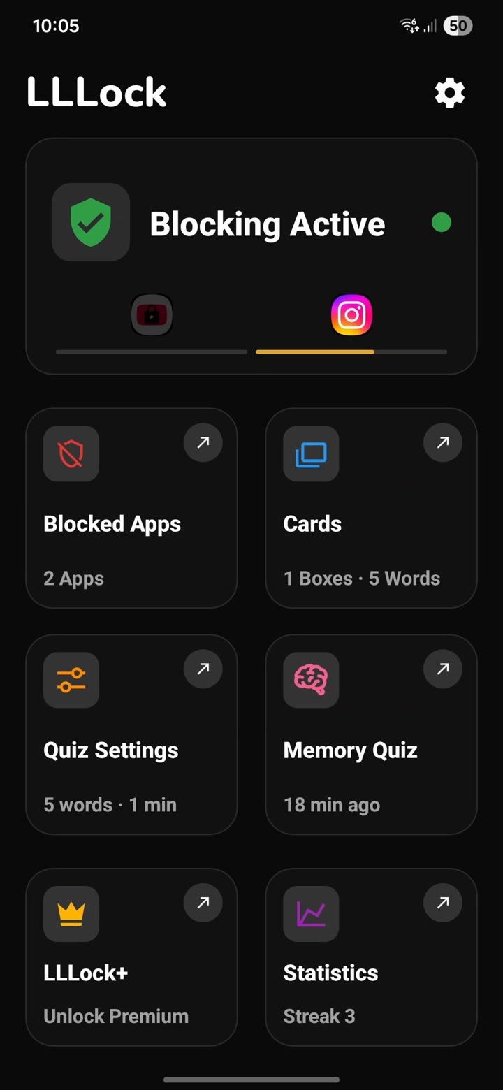 LLLock dashboard — blocking active, expanded with blocked app